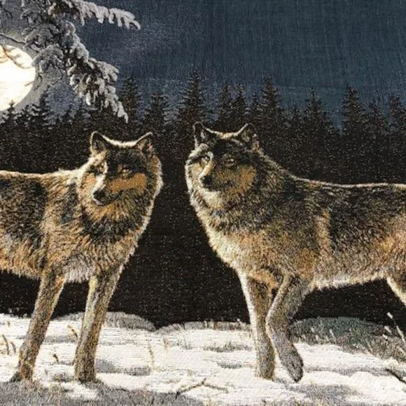🔵 Vintage & New - Moon Rise Wolves Woven Tapestry Throw - Rare - Christmas Gift - Picture 3 of 14